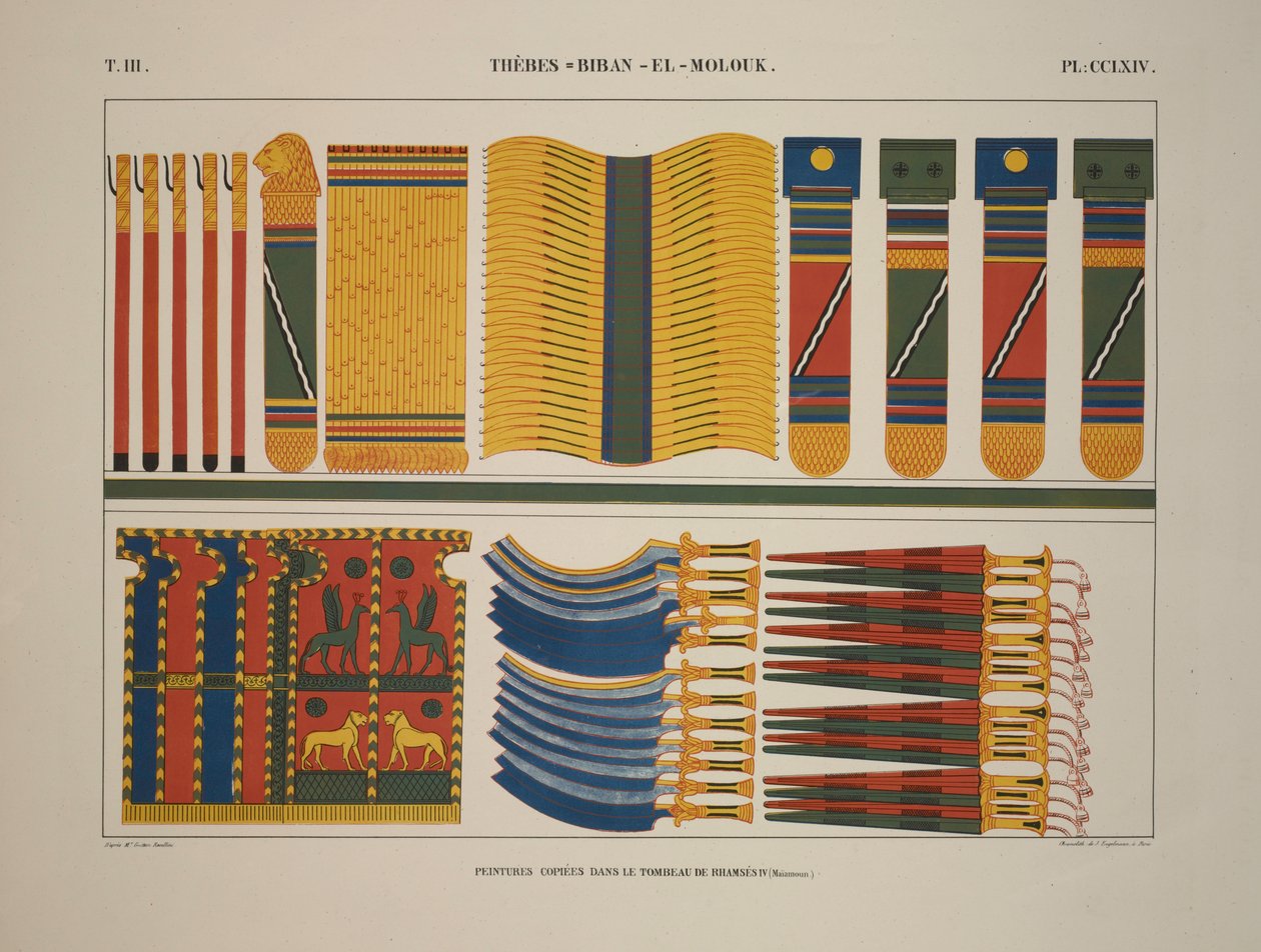 Várias armas e armas egípcias, Tebas, Biban-el-Molouk, ilustração de "Monumentos de L" Egypte et de la Nubie, 1845 de Jean Francois Champollion