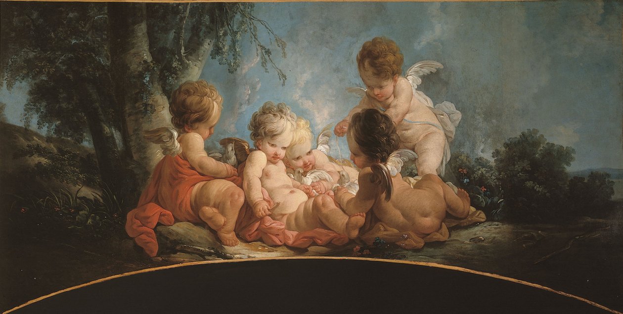 Grupo de cinco amores brincando com pombas, cerca de 1761 (topo da porta) de Jean Francois Clermont