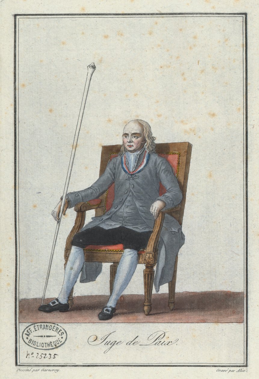 Justiça da Paz, gravada por Alix, de um livro sobre trajes franceses de Directoire (gravura a cores) de Jean Francois Garneray