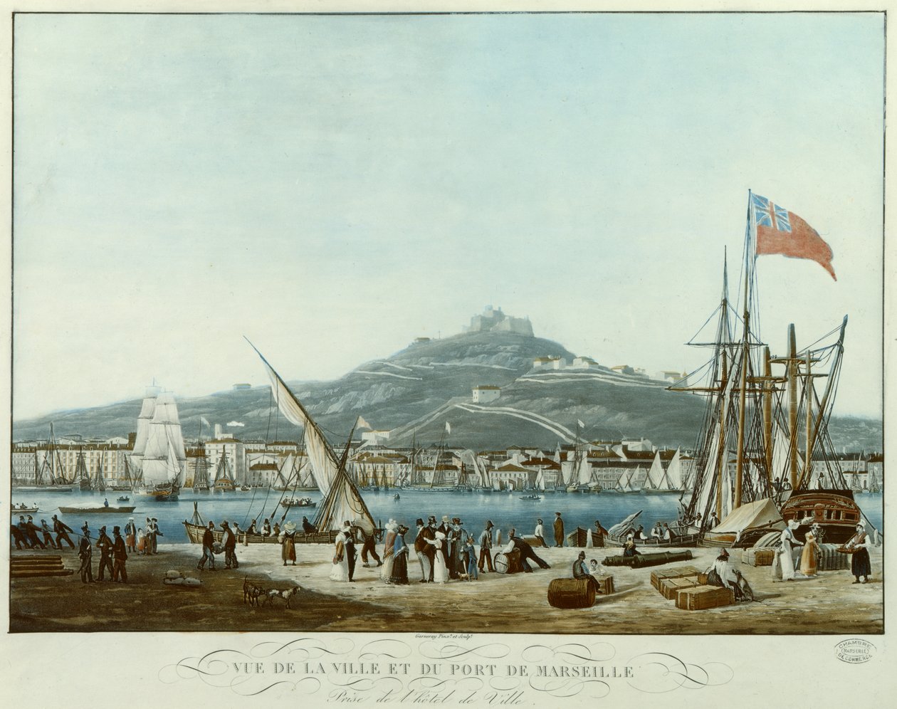 Vista da cidade e porto de Marselha da Câmara Municipal, c.1815-30 (aquatint) de Jean Francois Garneray