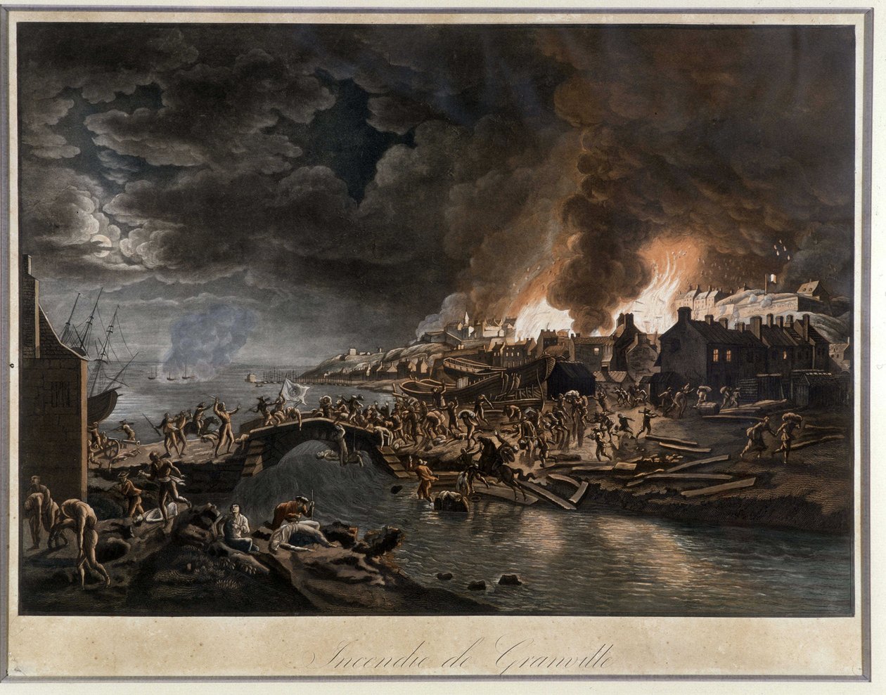 Granville em chamas sitiada pelos Vendéans, baseada na pintura de J. François Hue, c. 1800. de Jean Francois Hue