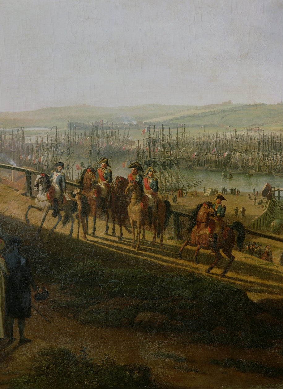 Napoleão Bonaparte (1769-1821) visitando o acampamento em Boulogne em julho de 1804, detalhe de Napoleão e a Flotilha, 1806 de Jean Francois Hue