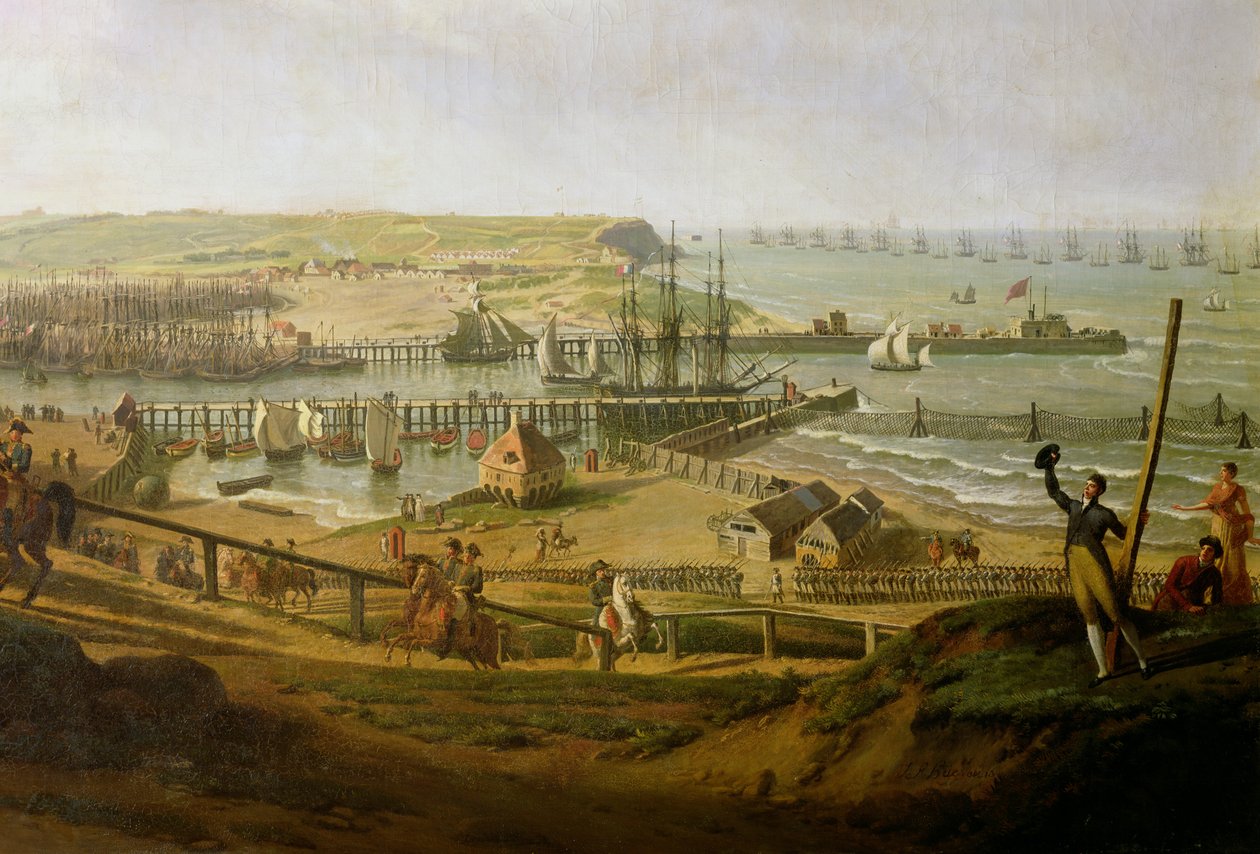 Napoleão visitando o acampamento em Boulogne em julho de 1804, detalhe do porto, 1806 de Jean Francois Hue