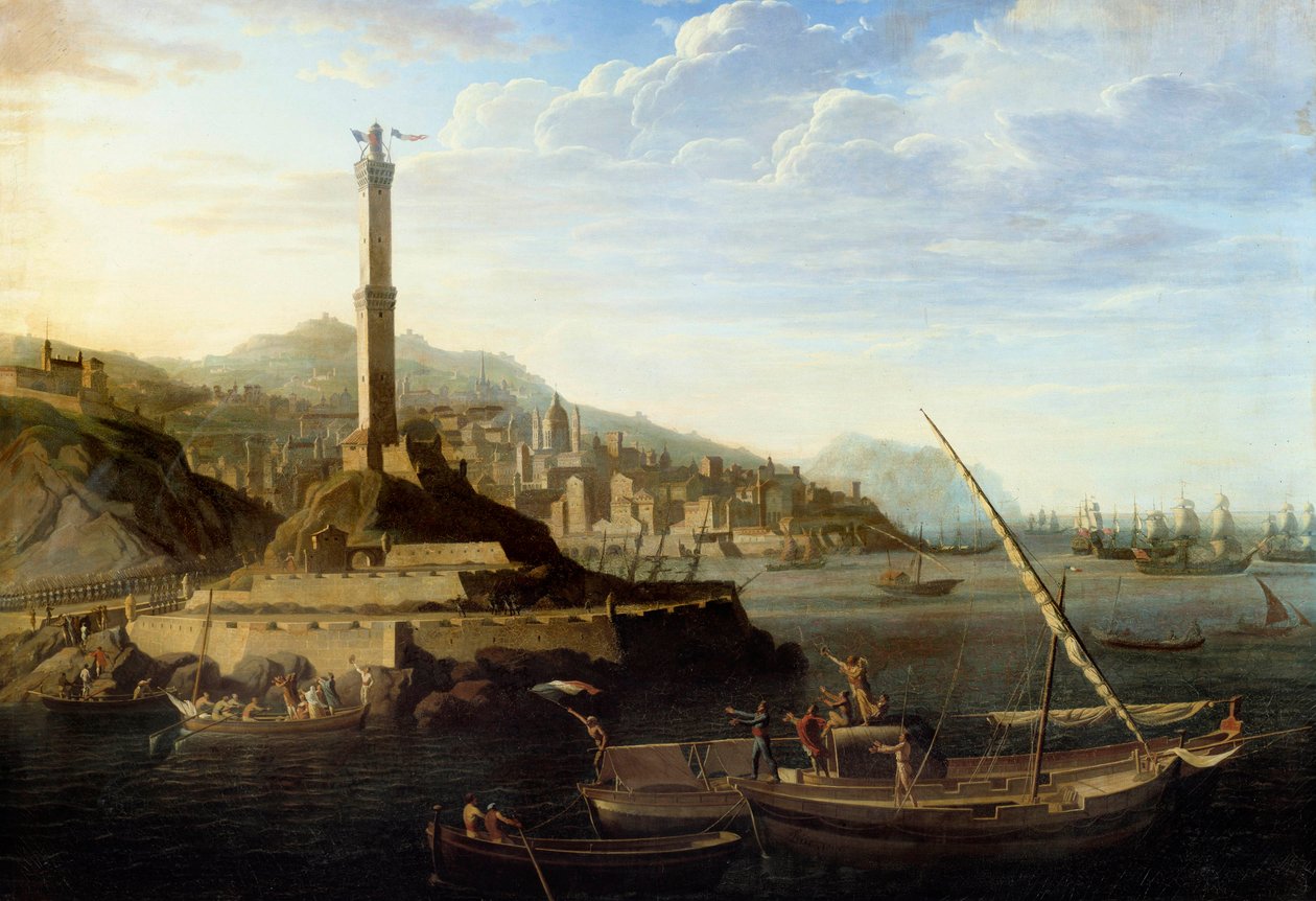 Guerra Napoleônica: Entrada em Genes do exército francês comandado pelo general Miollis em 24 de junho de 1800. Pintura de Jean Francois Hue (1751-1823) de Jean Francois Hue
