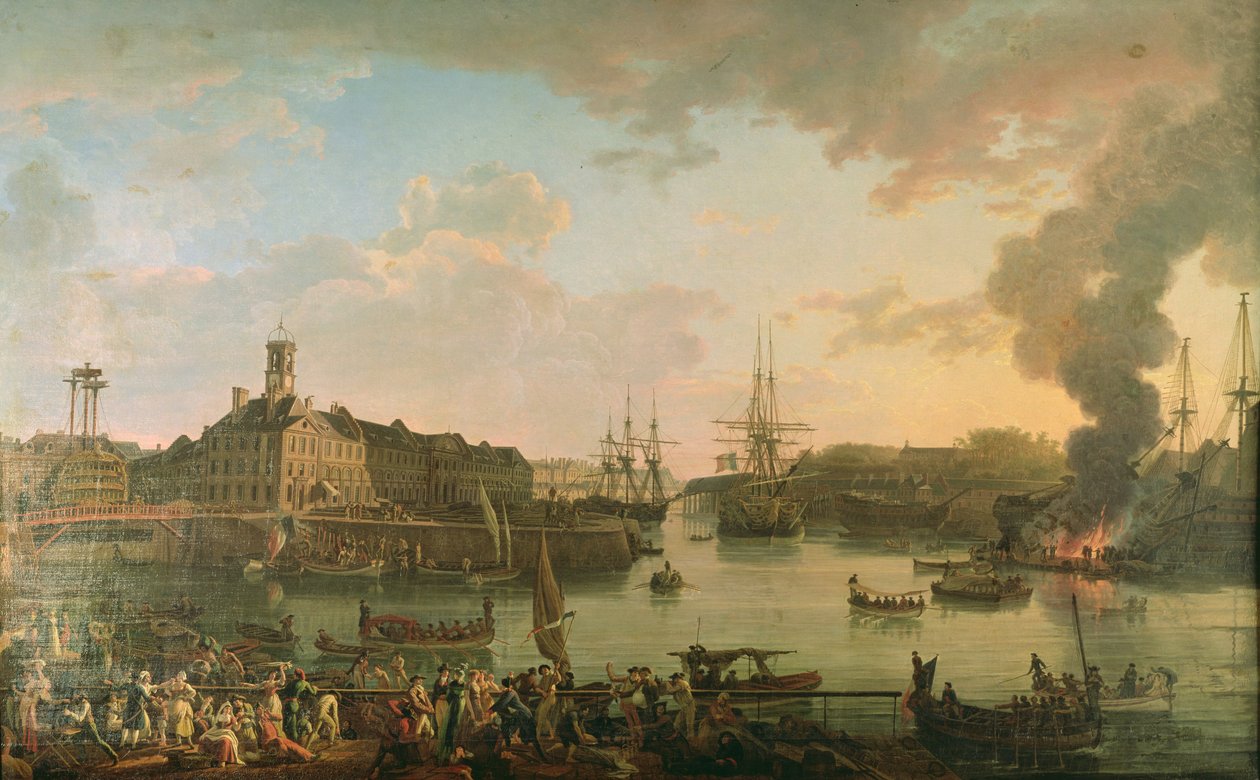 Vista do porto de Brest das docas cobertas em 1795, 1795 de Jean Francois Hue