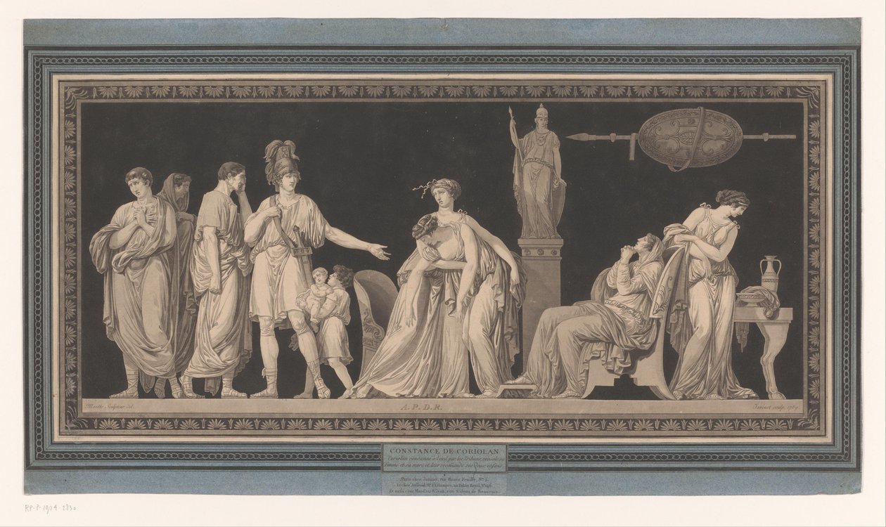 Coriolano conforta sua esposa e mãe Constance de Coriolan (título no objeto) de Jean Francois Janinet