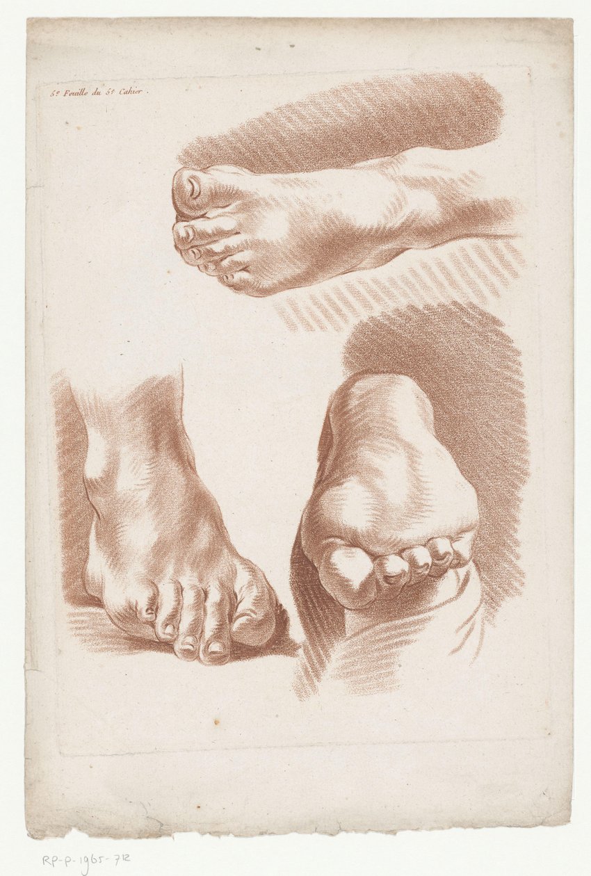 Três pés em posições diferentes 5.e Feuille du 5.e Cahier. (título no objeto) Composições com partes do corpo humano (título da série) Cinquième Cahier de Principes de Dessein (título da série) de Jean Francois Janinet