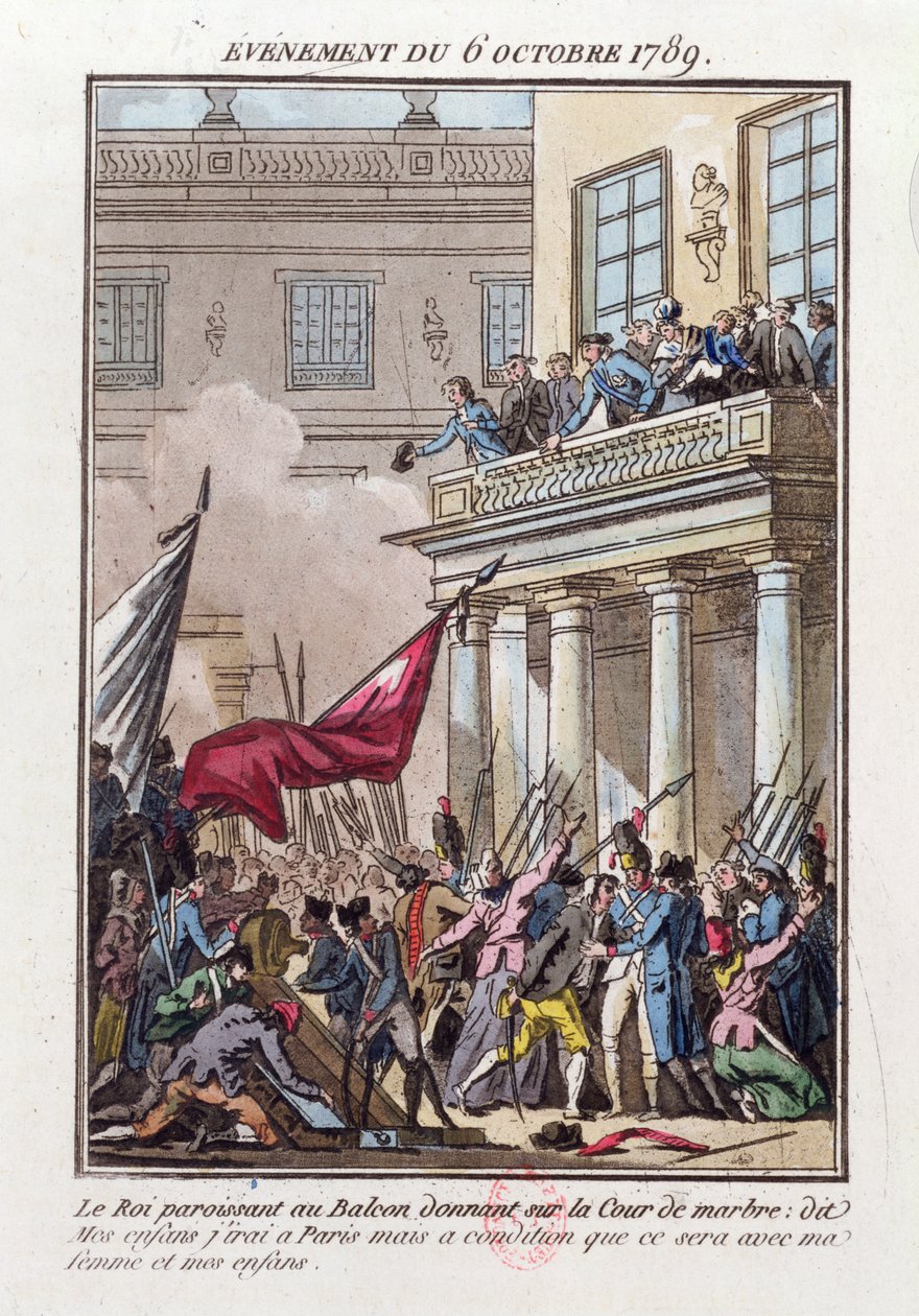 Luís XVI aparecendo na varanda de Versalhes em 6 de outubro de 1789 para dizer à turba parisiense que ele irá para Paris, com a condição de que sua esposa e família viajem com ele de Jean Francois Janinet