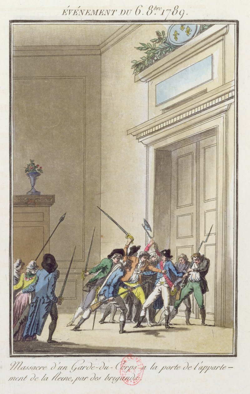 Multidão de parisienses atacando e matando o guarda na entrada dos apartamentos da rainha em Versailles 6 de outubro de 1789 de Jean Francois Janinet