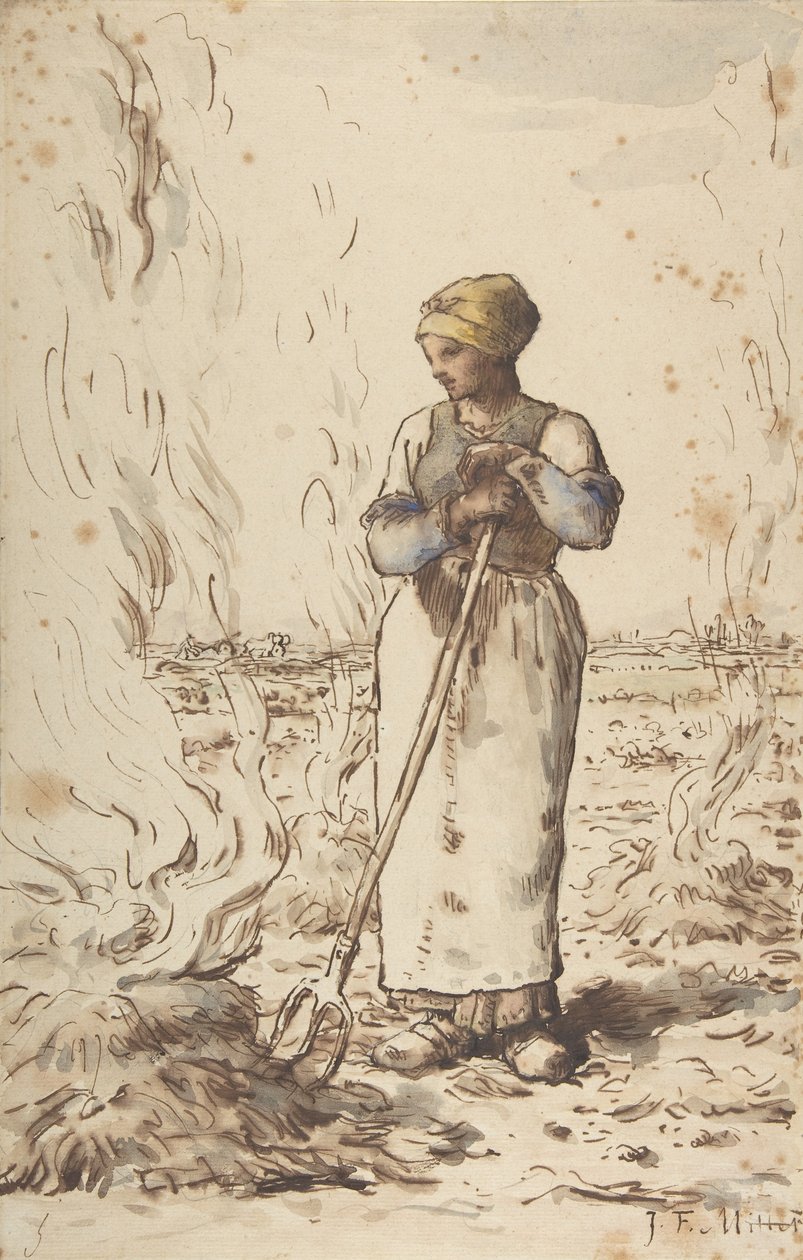 Uma mulher queimando ervas daninhas, 1830-75 de Jean Francois Millet