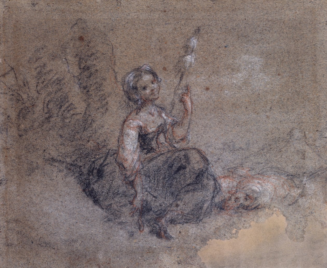 A Young Shepherdess Spinning (giz vermelho e branco e carvão sobre papel) de Jean Francois Millet