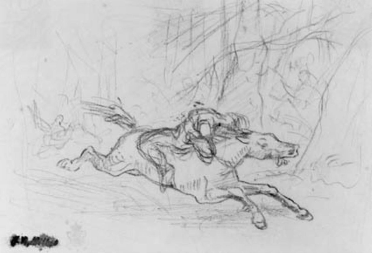Homem de vista traseira no cavalo selvagem em uma floresta. Simon Butler de Jean Francois Millet