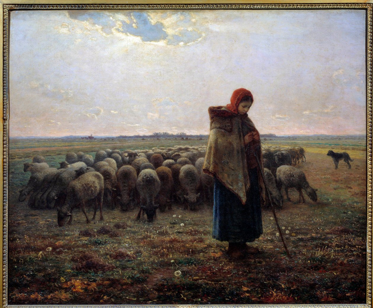 Bergere e as suas ovelhas chamavam o grande pastor. Pintura de Jean Francois Millet (1814-1875) de Jean Francois Millet