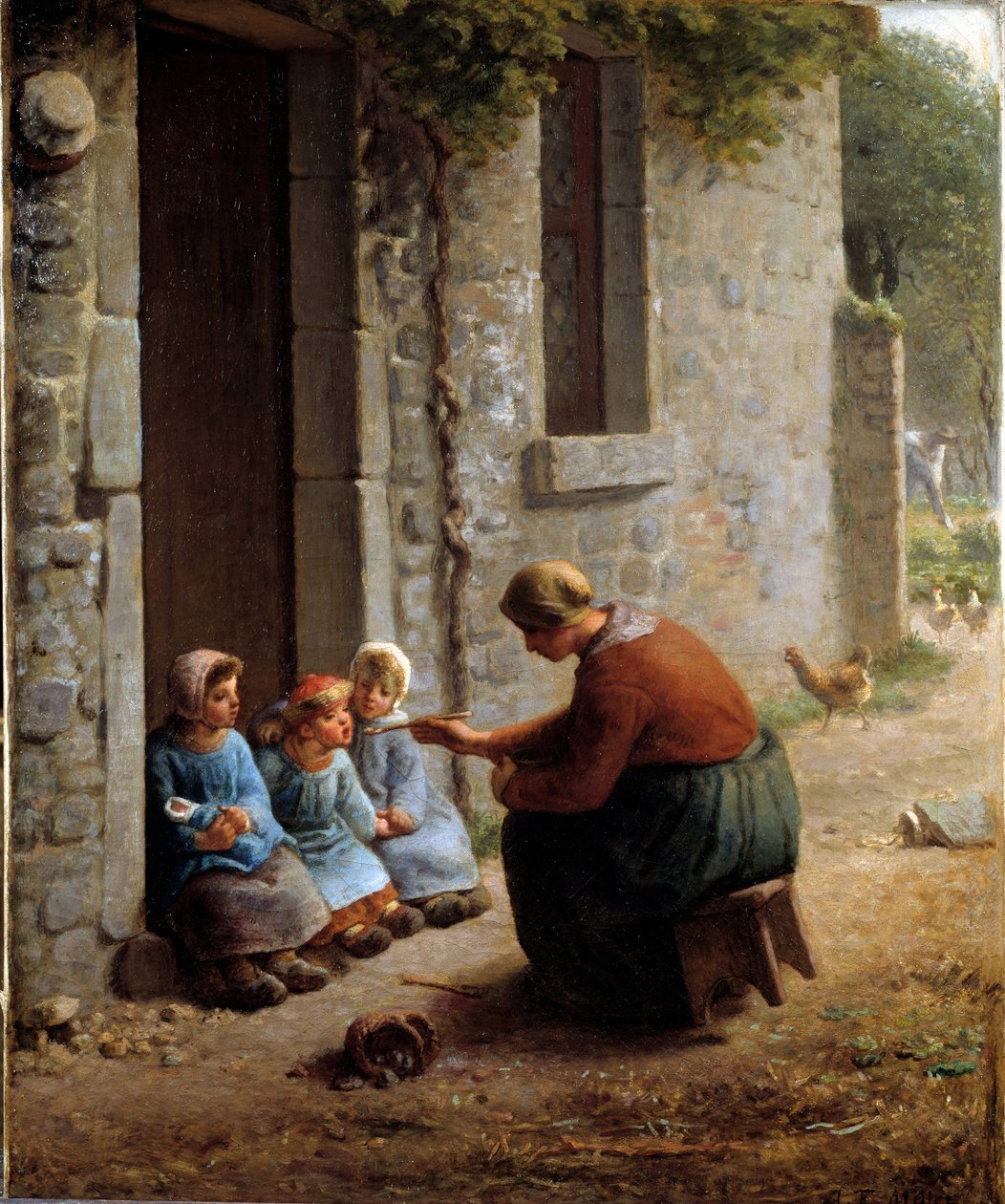 La becquee ou camponesa alimentando seus filhos. Pintura de Jean Francois Millet (1814-1875) de Jean Francois Millet