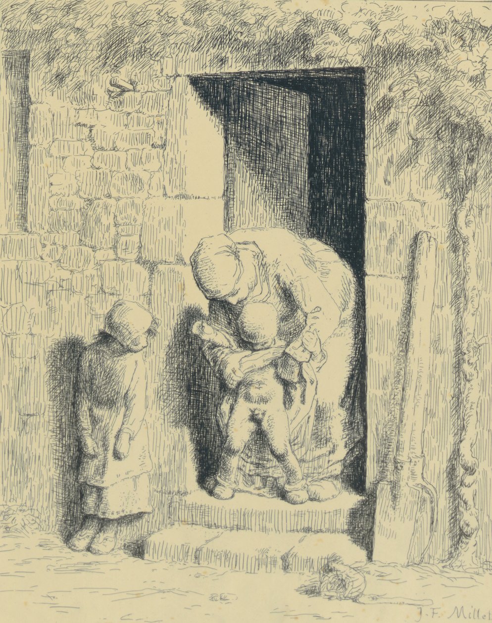 Cuidado Materno, 1862 (clichê de vidro) de Jean Francois Millet