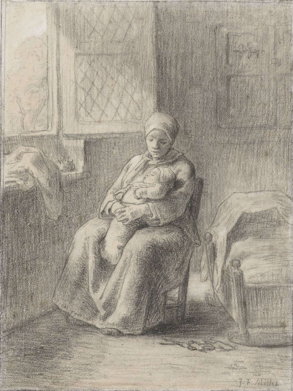 Mulher sentada com um bebê por uma janela, c.1824-75 (giz no papel) de Jean Francois Millet