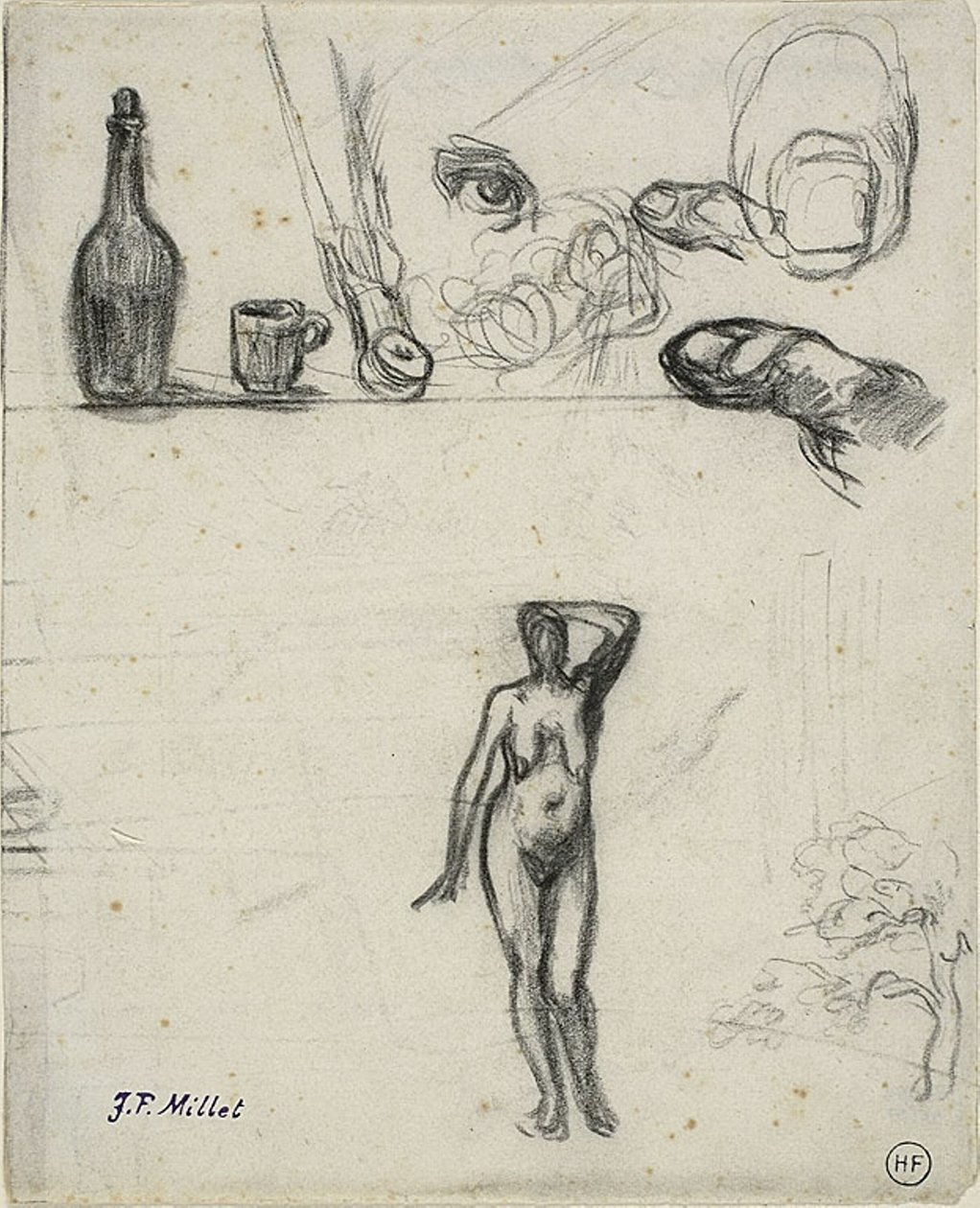 Folha de esboços: nu feminino em pé, árvore, natureza morta, dedos e olho de Jean Francois Millet