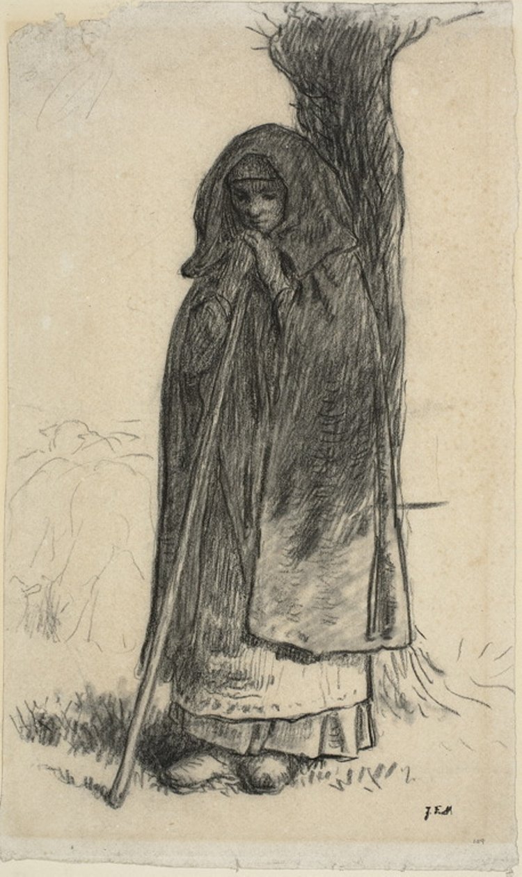 Pastora encostada em uma árvore de Jean Francois Millet