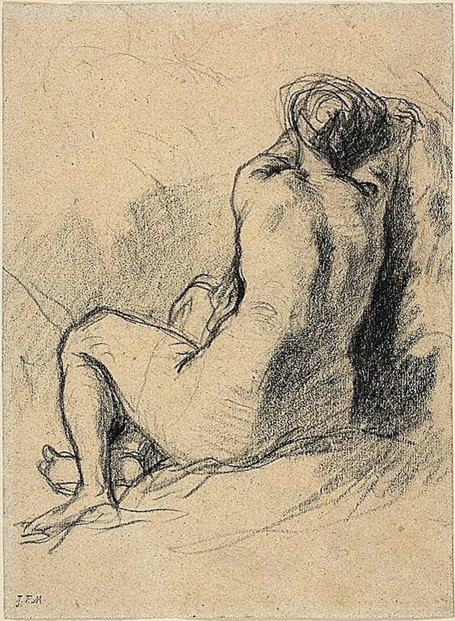 Estudo: Mulher nua vista de costas (frente) Esboços de camponeses a trabalhar (verso) de Jean Francois Millet