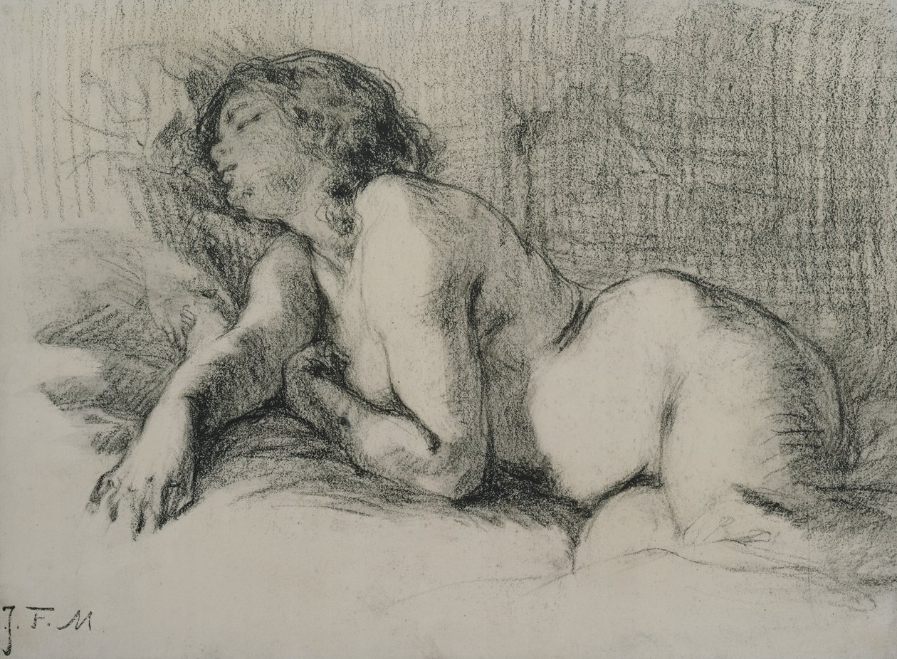 Estudo de um nu feminino reclinado (carvão sobre papel) de Jean Francois Millet