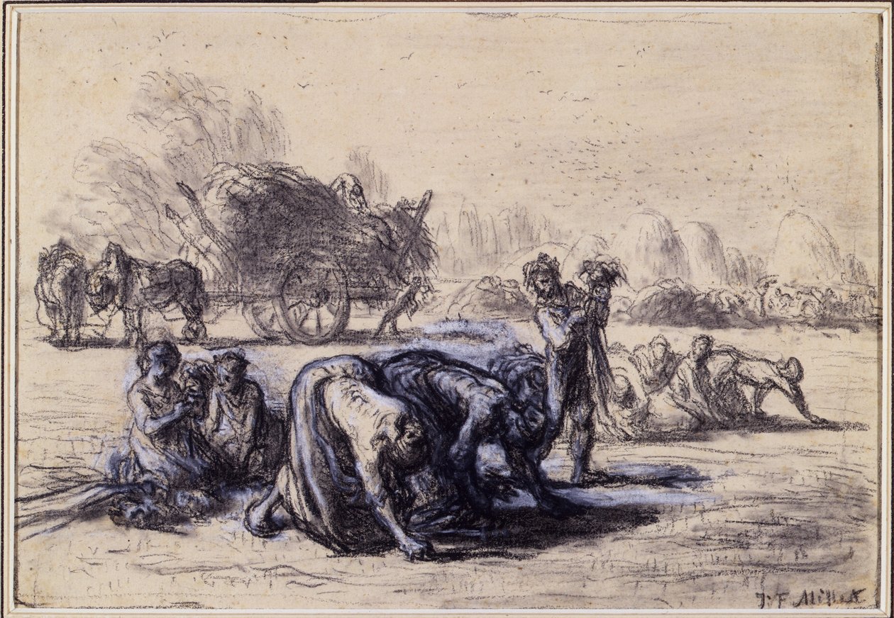 O mês de agosto: The Gleaners, c.1851-52 (pastel preto e branco sobre papel) de Jean Francois Millet