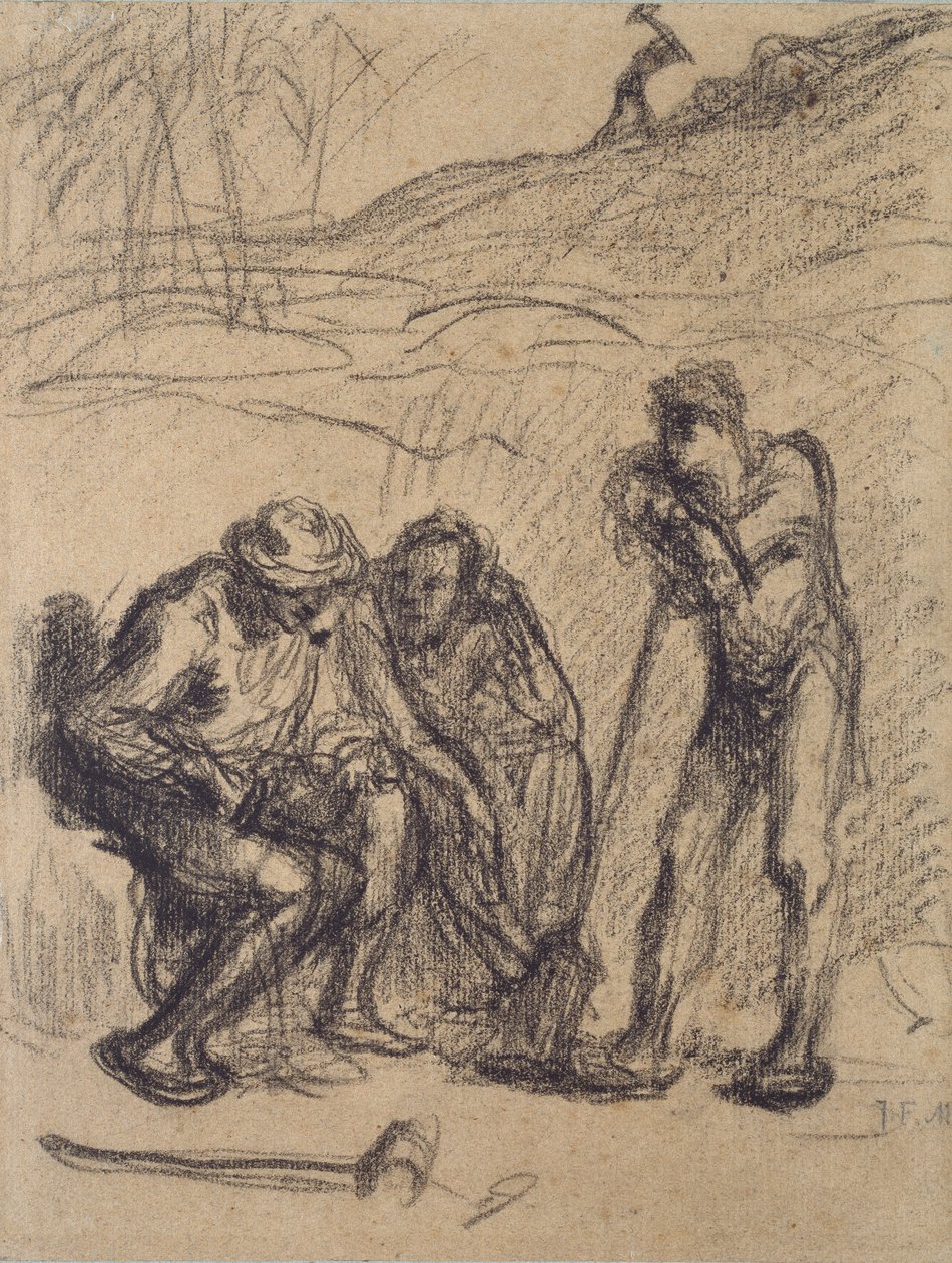 Três camponeses descansando, um encostado numa pá, c1850-1851 de Jean Francois Millet