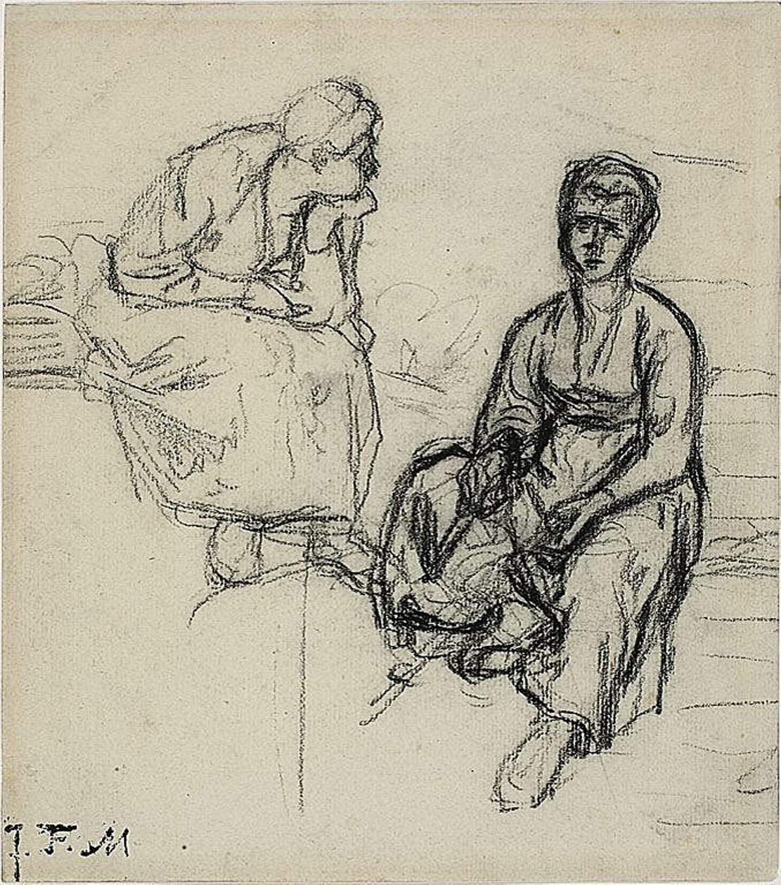 Dois Estudos de uma Camponesa Sentada (reto); Estudo de uma jovem usando um chapéu (verso) de Jean Francois Millet