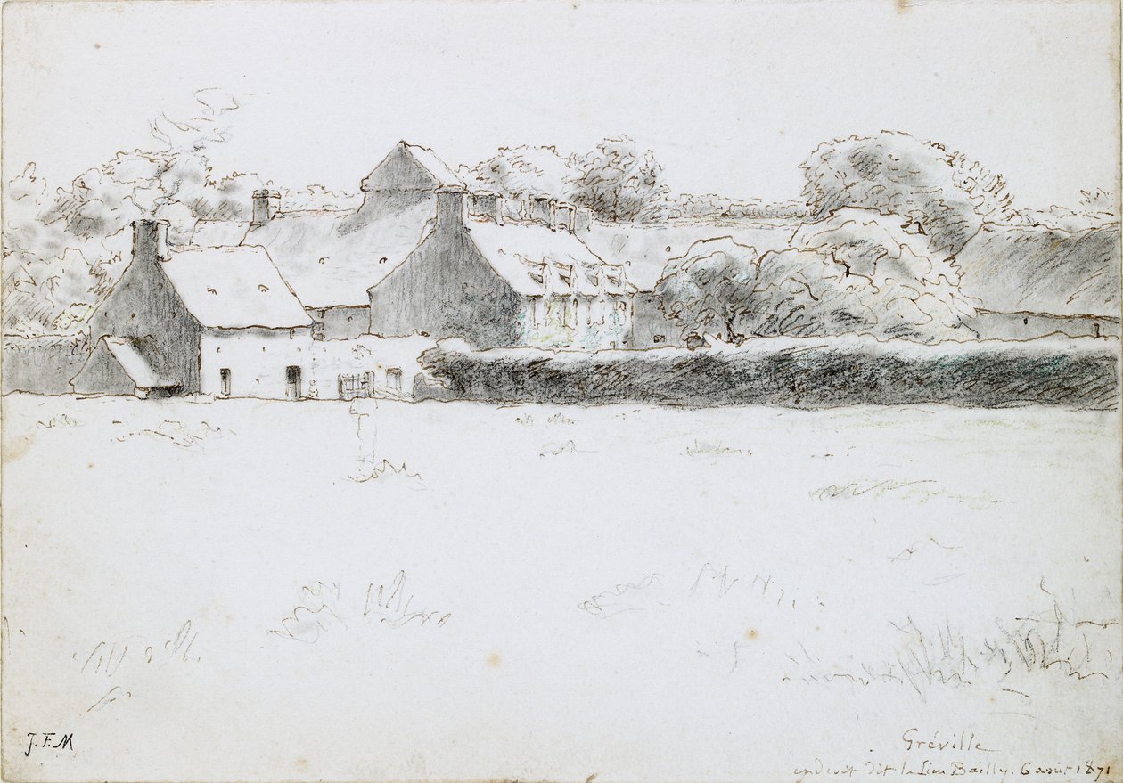 Vista dos edifícios agrícolas em um campo, 6 de agosto de 1871 de Jean Francois Millet