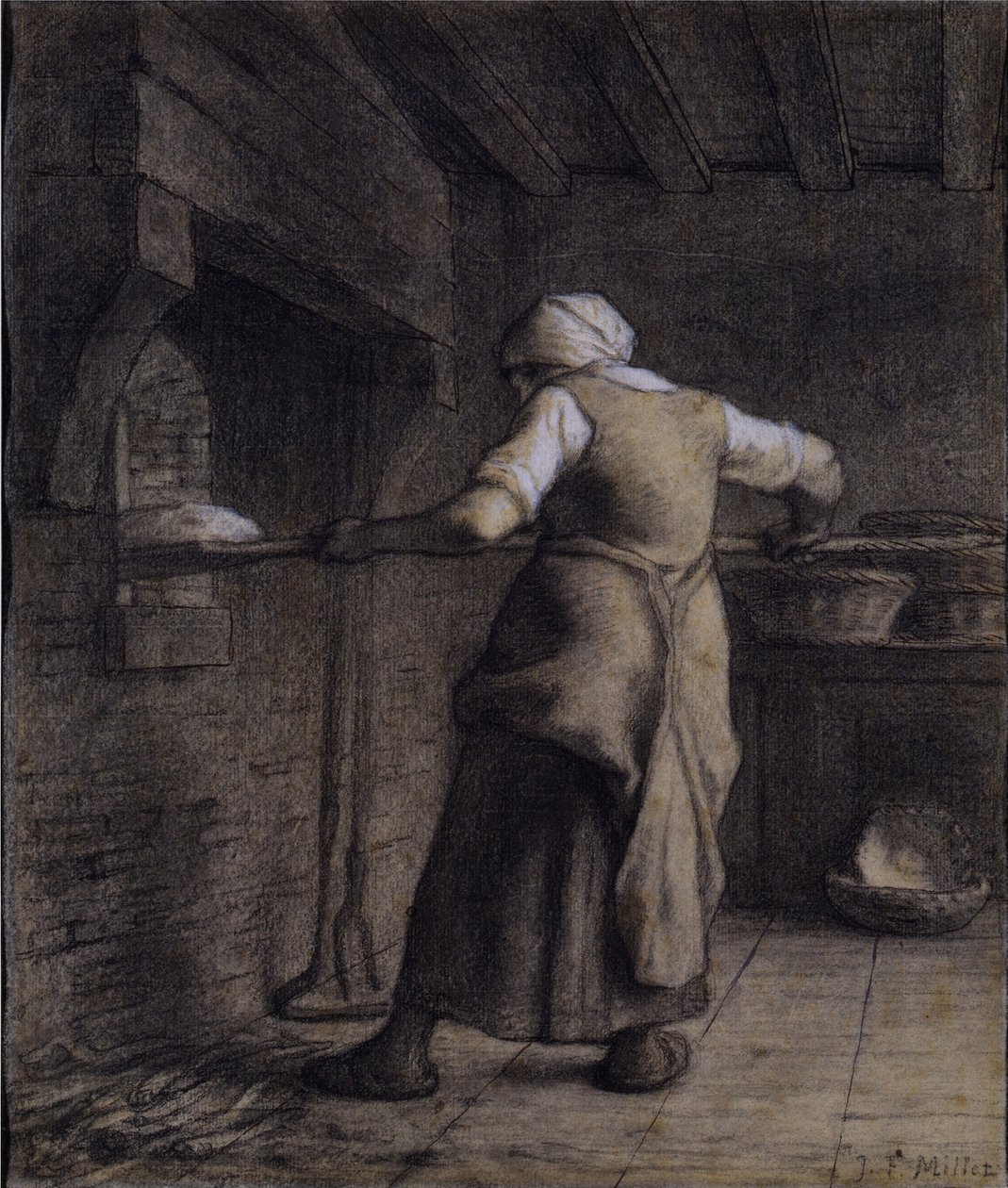 Pão de cozimento de mulher (giz preto, branco e marrom no papel) de Jean Francois Millet