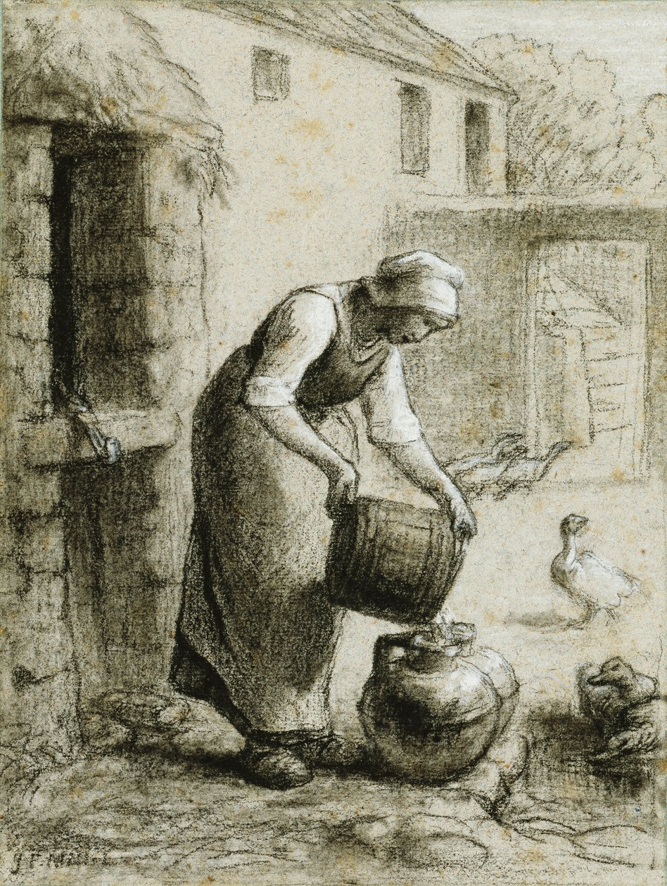Mulher derramando água em latas de leite de Jean Francois Millet