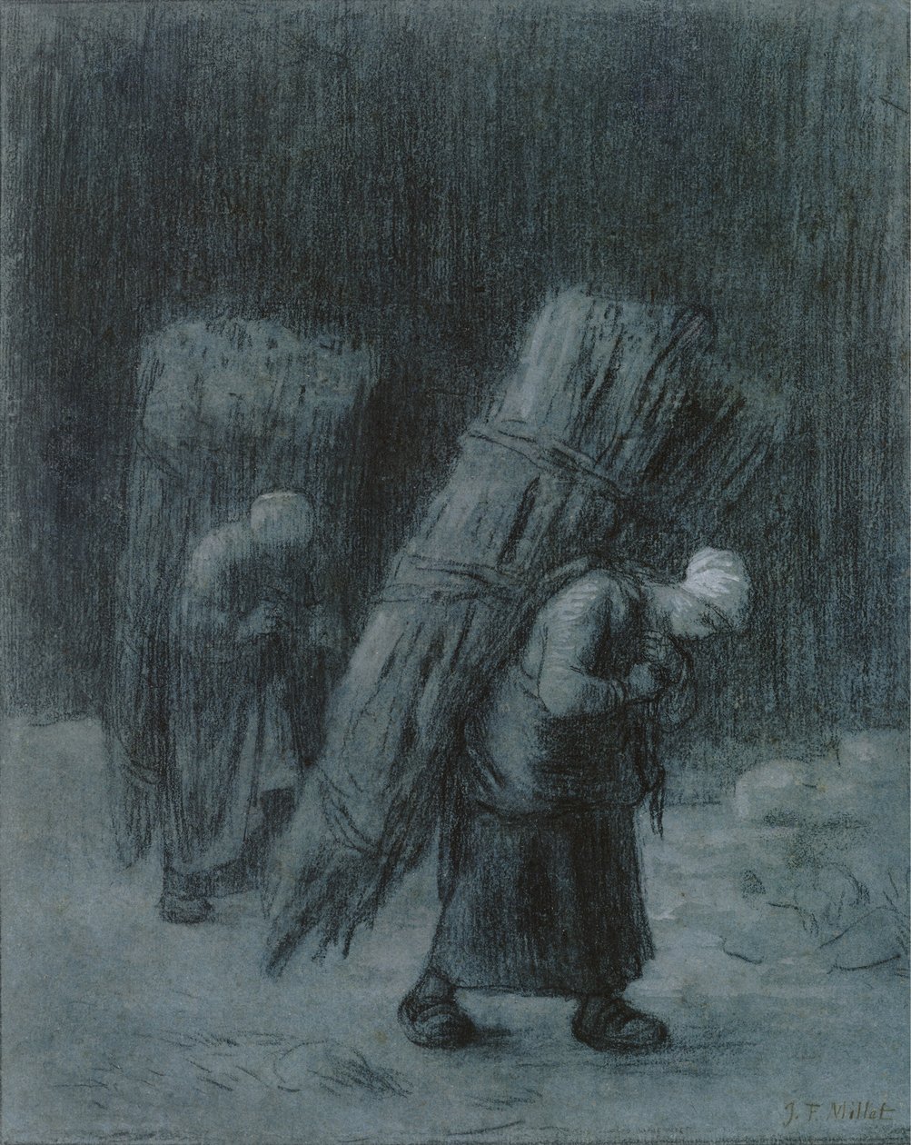 Mulher Transportadora de Galhos, c.1858 (carvão vegetal com guache branca, borda de carvão vegetal, em papel cinzento-azulado pesado) de Jean Francois Millet