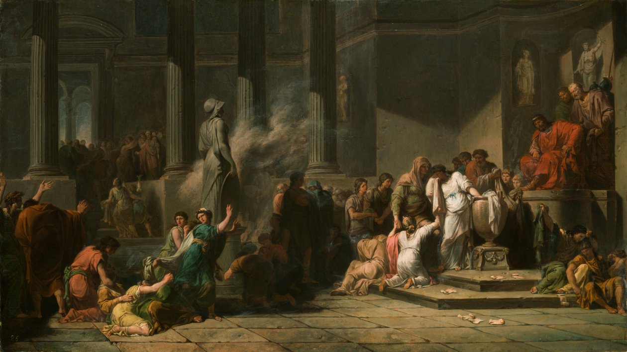 Meninas atenienses desenham lotes para determinar que sete entre elas serão enviadas a Creta para Sacrifício ao Minotauro (óleo sobre tela) de Jean François Pierre Peyron