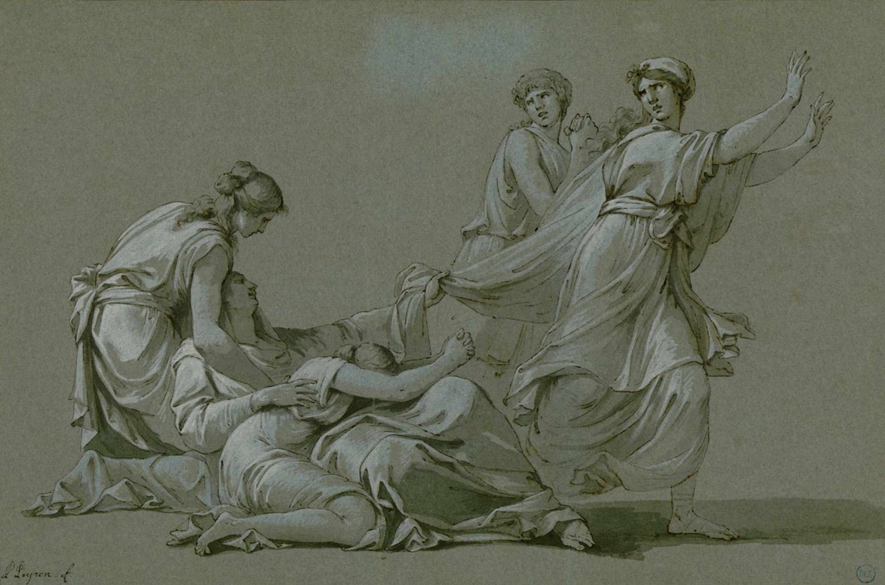 Os rapazes e moças de Atenas a serem oferecidos como vítimas de sacrifício ao Minotaur, ca 1778. de Jean François Pierre Peyron