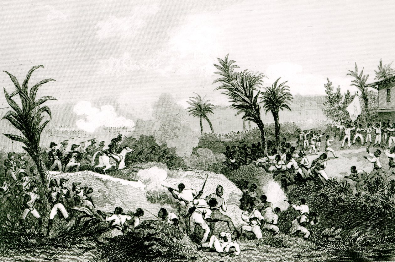 Revolta negra em Santo Domingo, 16 de setembro de 1802, da "História universal do século XIX", depois de Martinet de Jean Francois Pourvoyeur