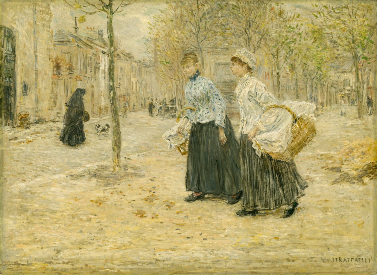 Duas lavadeiras a atravessar um pequeno parque em Paris de Jean Francois Raffaelli