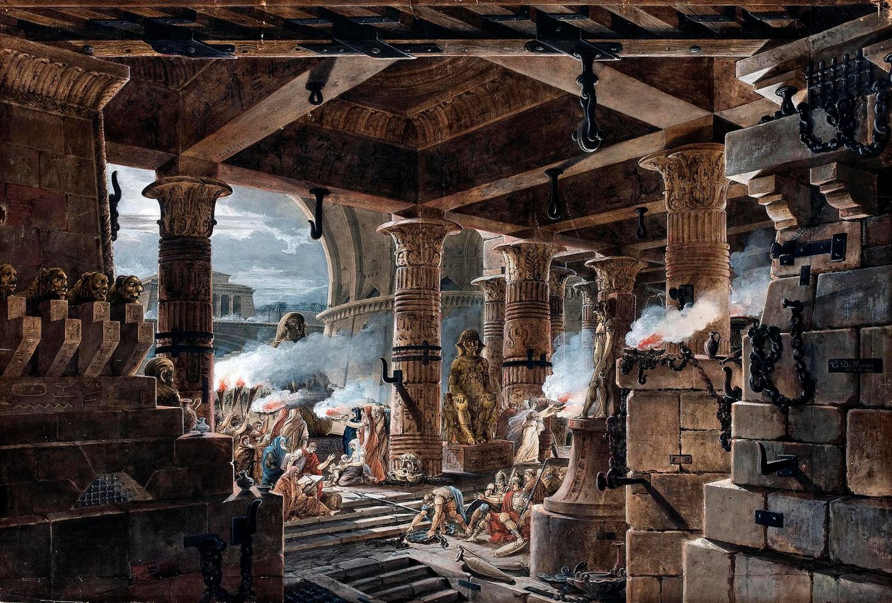 Fantasia arquitetônica - vista interior de um templo egípcio por Jean Francois Thomas de Thomon de Jean François Thomas de Thomon