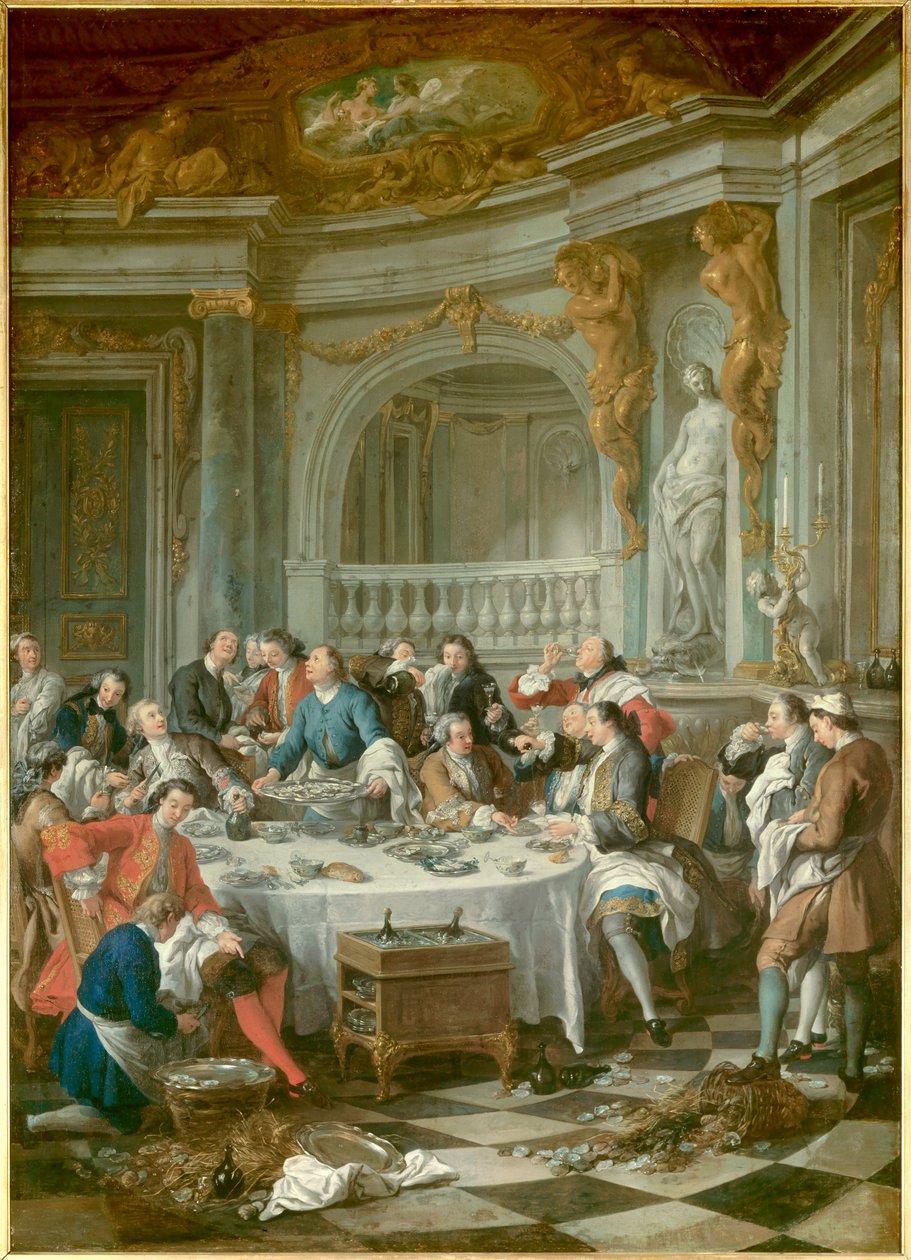 Oyster Breakfast Um grupo de nobres, exclusivamente homens, que se entregam ao deboche gastronómico das ostras e do álcool. Pintura de Jean Francois De Troy (1679-1752) 1735 Sol. 1,80 x 1,26 m Chantilly, musee Conde - O Almoço das Ostras. Almoço de ostras  de Jean François de Troy