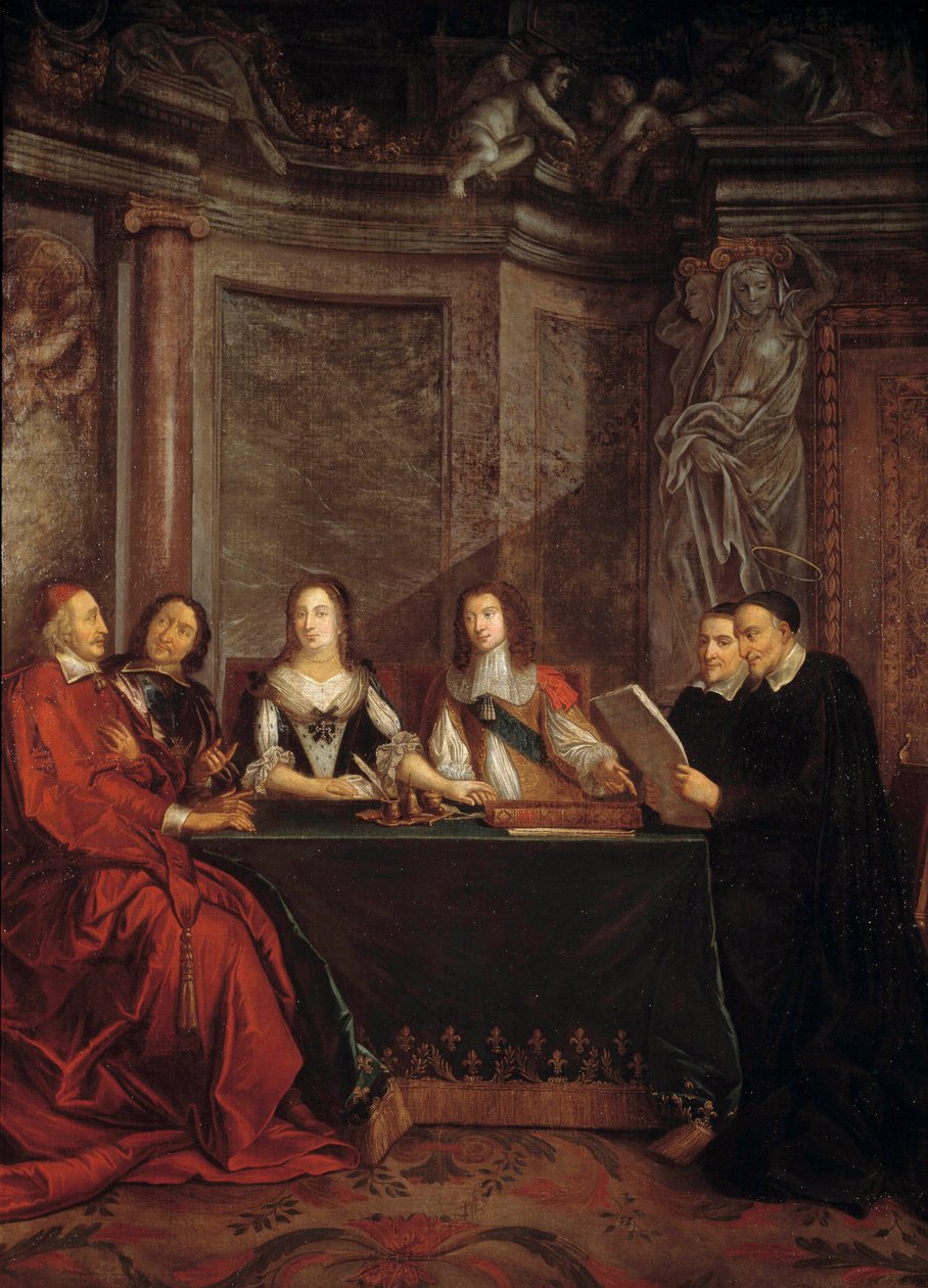 O conselho de consciência: São Vicente de Paulo, chefe do conselho de consciência lendo diante do Cardeal Jules Mazarin (Giulio Raimondo Mazzarino ou Mazarino) (1602-1661), Pierre Seguier (1588-1672), Rainha Ana da Áustria (1601-1666) e Luís XIV (1638) de Jean François de Troy