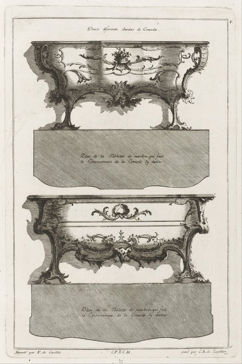 Dois designs diferentes de Comodes de Jean François Cuvilliés