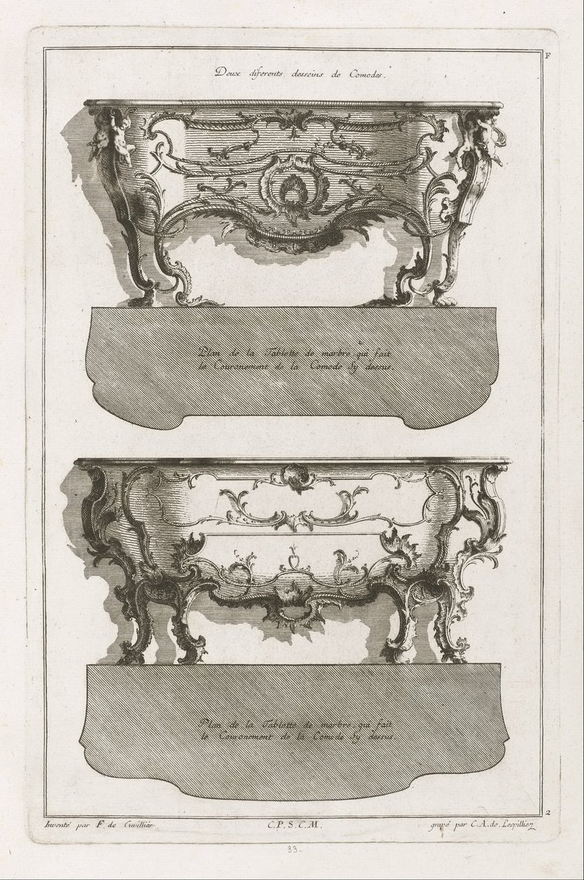 Dois designs diferentes de Comodes de Jean François Cuvilliés