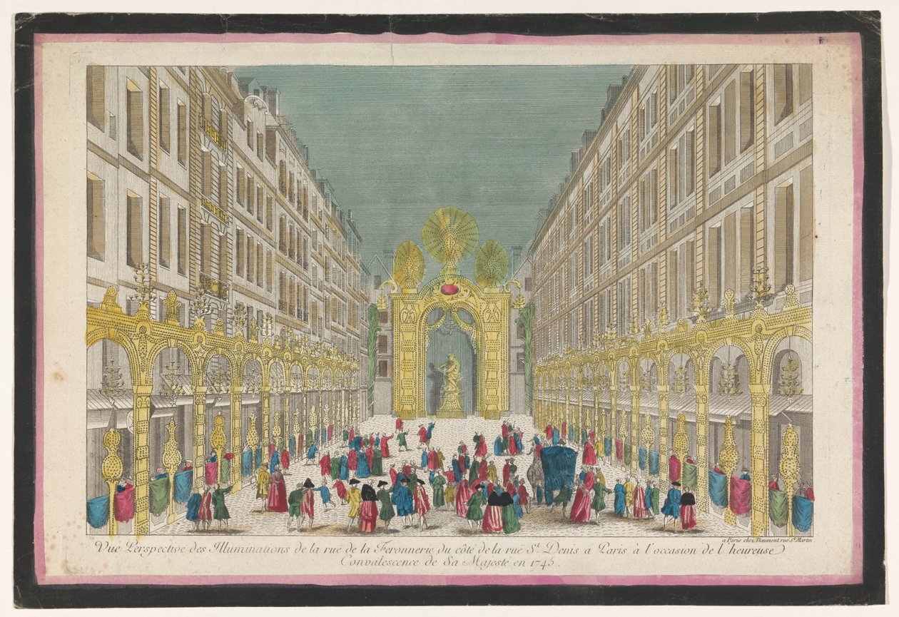 Vista da decoração da Rue de la Feronnerie em Paris, por ocasião da restauração de Luís XV, Rei de França, em 1745
Vue perspective des illuminations de la Ruë de la Feronnerie du côté de la Ruë St. Denis a Paris (...) (título em o de Jean François Daumont