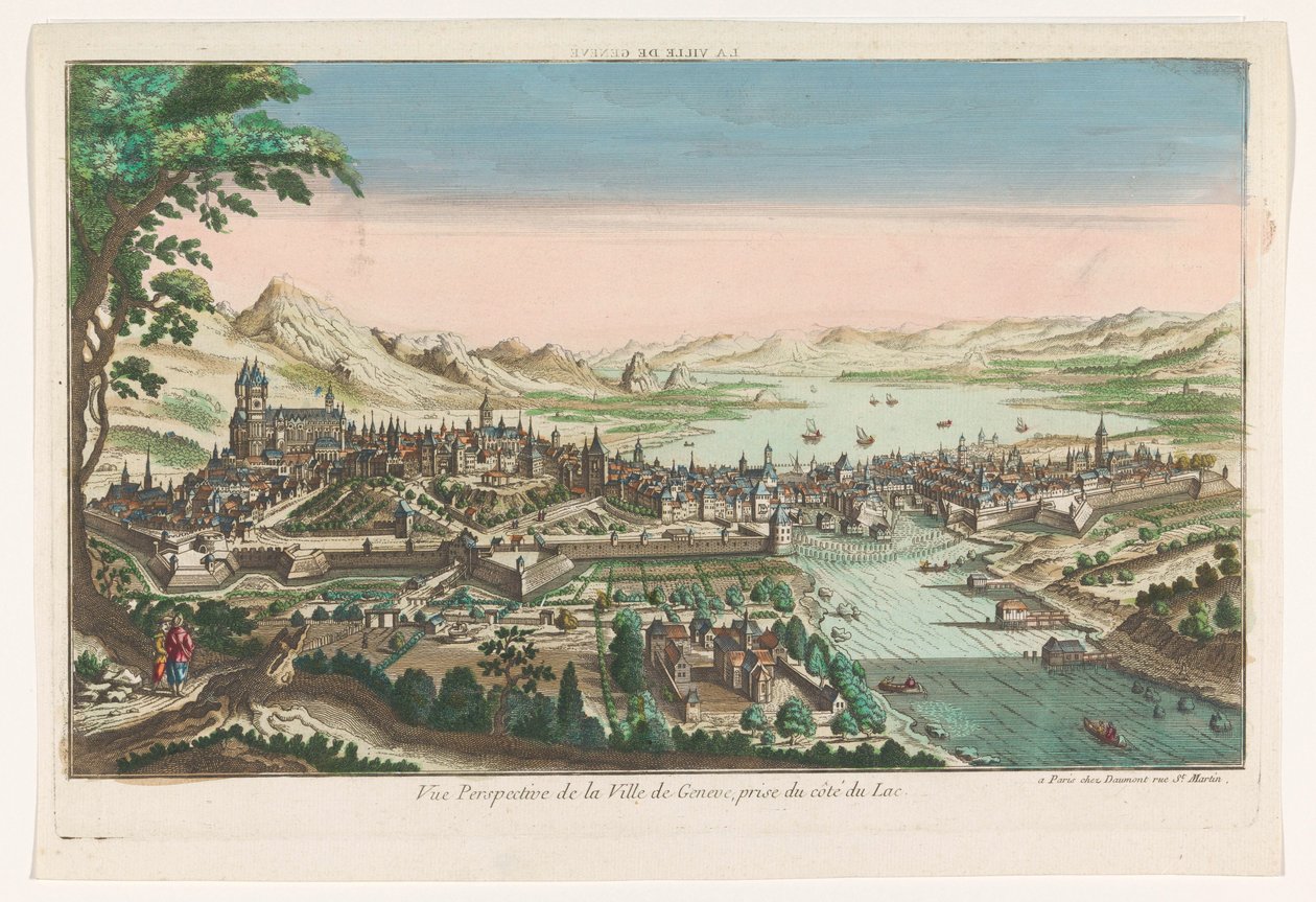 Vista da cidade de Genebra vista do Lago Genebra La ville de Geneve (título no objeto) de Jean François Daumont