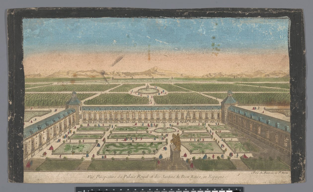 Vista dos jardins e do Palácio del Buen Retiro, Madrid
Vüe perspective du Palais Royal et des Jardins du Buen Retiro, en Espagne (título sobre o objecto) de Jean François Daumont