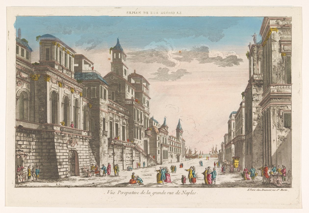 Vista de uma rua em direcção ao mar em Nápoles
La grande rue de Naples (título sobre o objecto) de Jean François Daumont