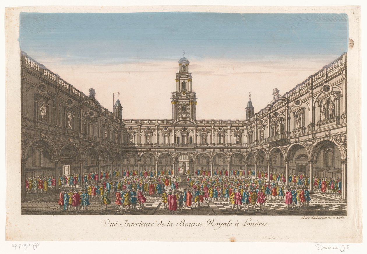 Vista do interior do Royal Exchange em Londres Vuë Interieure de la Bourse Royale à Londres (título no objeto) de Jean François Daumont
