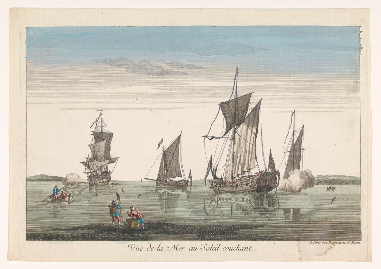 Seascape com navios e barcos ao pôr do sol Vue de la mer au soleil couchant (título no objeto) de Jean François Daumont