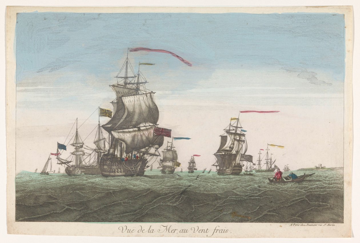 Vista para o mar com navios e barcos ao vento Vue de la mer au vent frais (título no objeto) de Jean François Daumont
