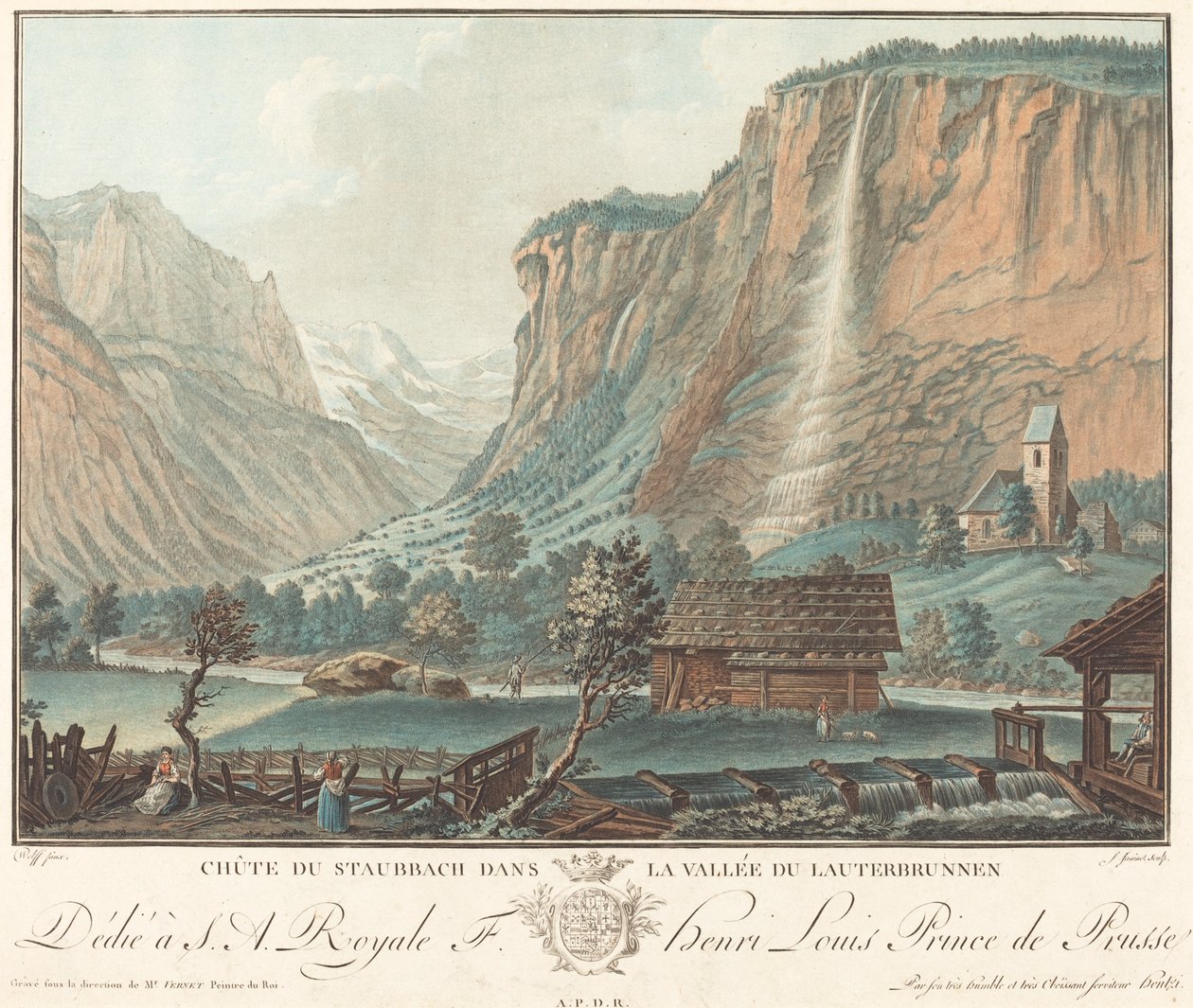 Queda em Staubbach, no Vale Lauterbrunnen (Cachoeira em Staubbach no Vale Lauterbrunnen) de Jean François Janinet after Caspar Wolf