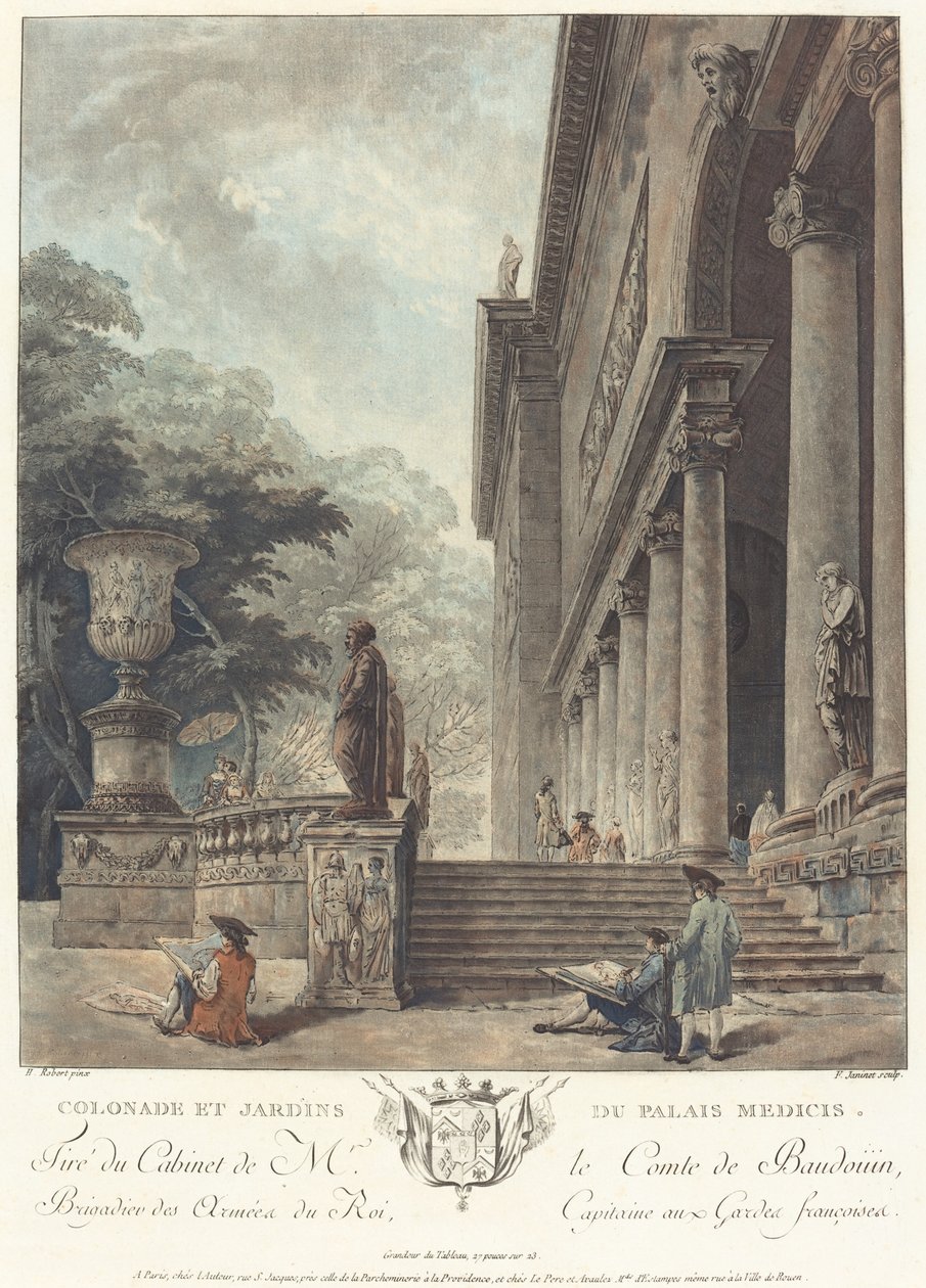 Colonnade et Jardins du Palais Medicis (Colunata e Jardins do Palácio Medici) de Jean François Janinet after Hubert Robert