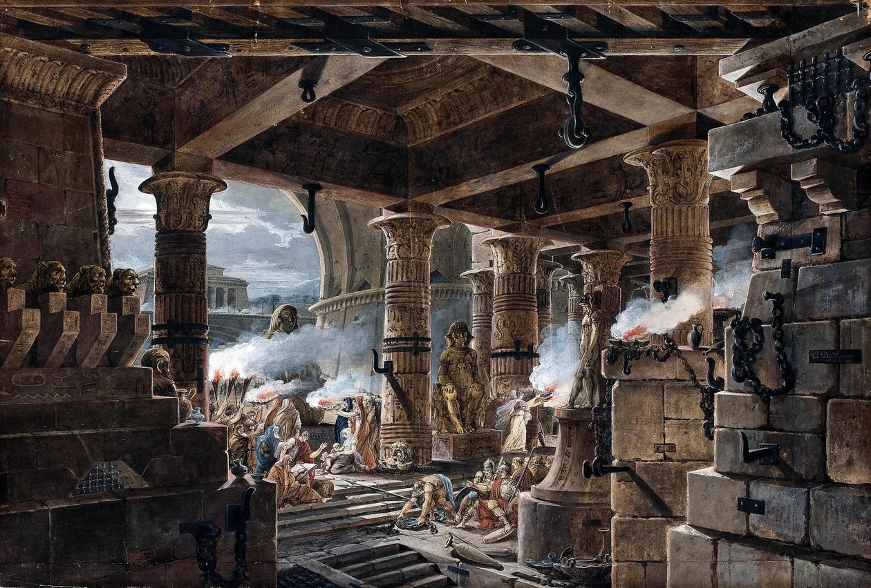 Fantasia arquitetônica - vista interior de um templo egípcio, 1803 de Jean François Thomas de Thomon